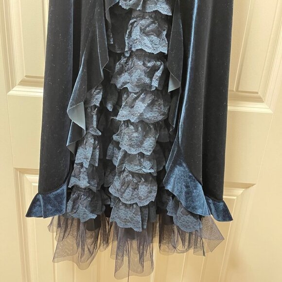 Vintage Gothic Victorian Inspired Velvet Ruffle Midi Dress Navy – XS - Picture 4 of 12